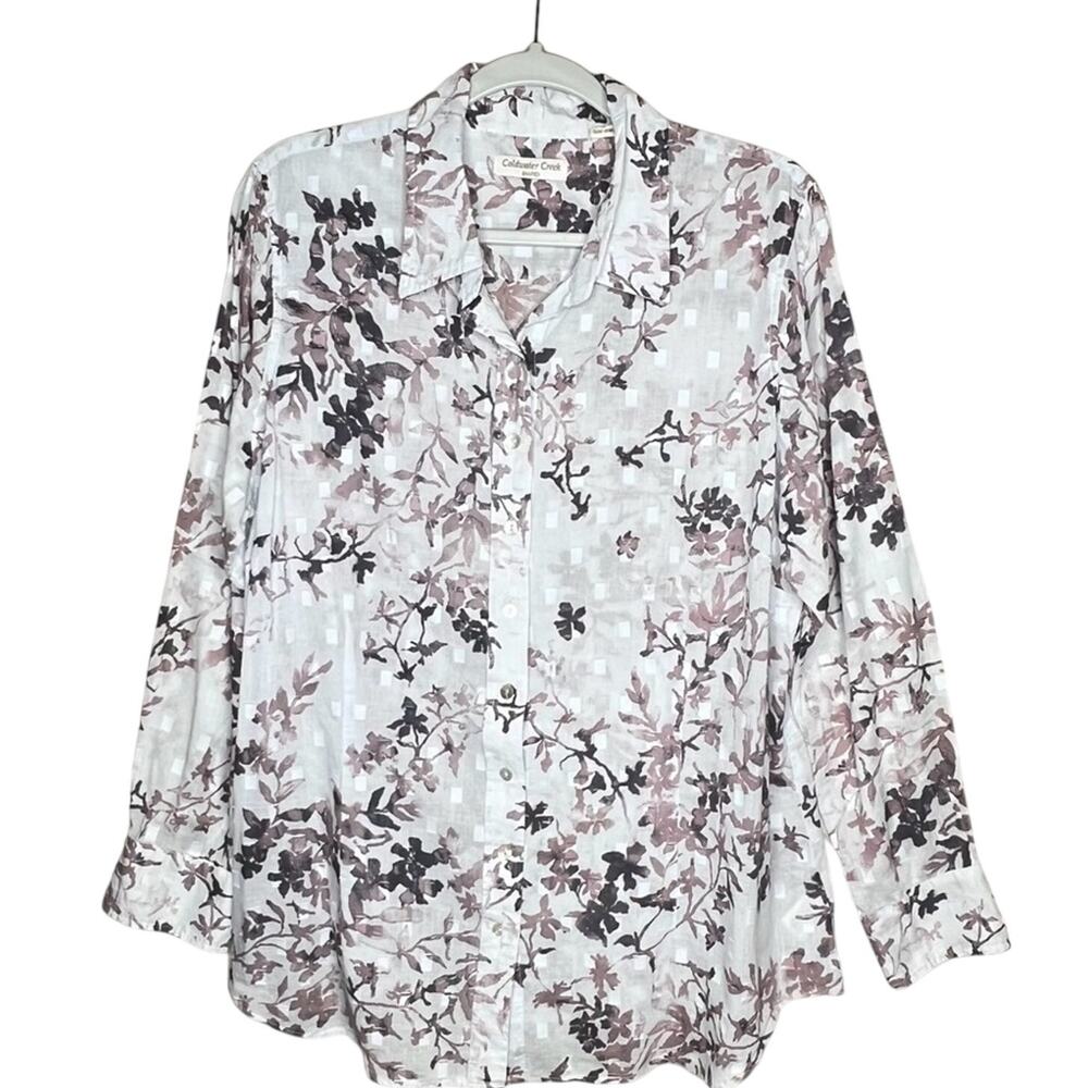 Coldwater Creek Burnout Grid Floral Blouse 1X Shaped Semi Sheer Button Shirt